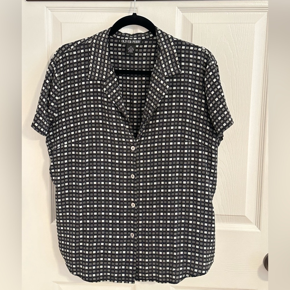 COPY - 100% Silk Button Down Checkered Grey Black White
